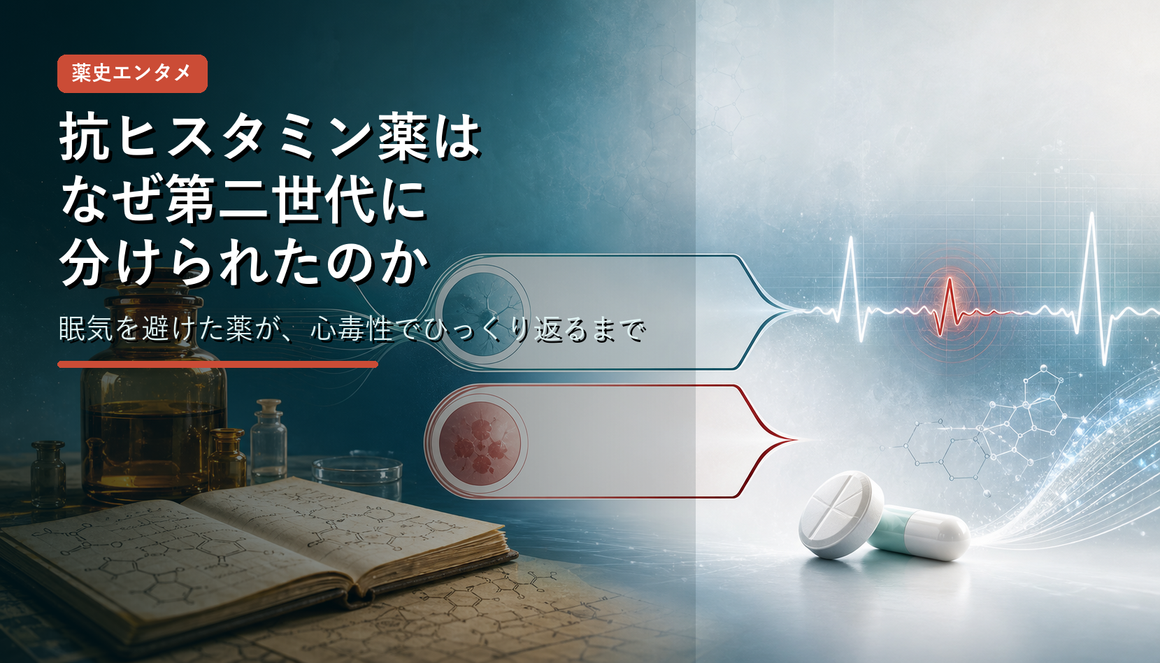 抗ヒスタミン薬の第二世代分類、薬史、心電図波形を表したアイキャッチ